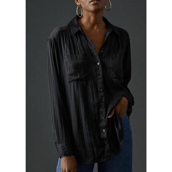 Anthropologie Tops - Anthropologie Shirt Womens Small Petite Black Loose Button Front Blouse Top